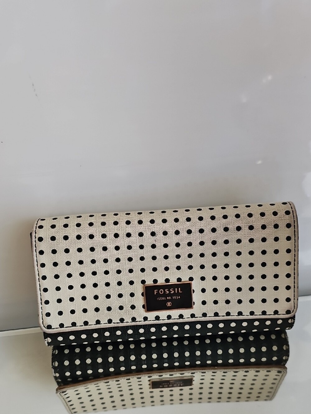 Fossil Cream and Black Polka Dot Fold-Over Wallet